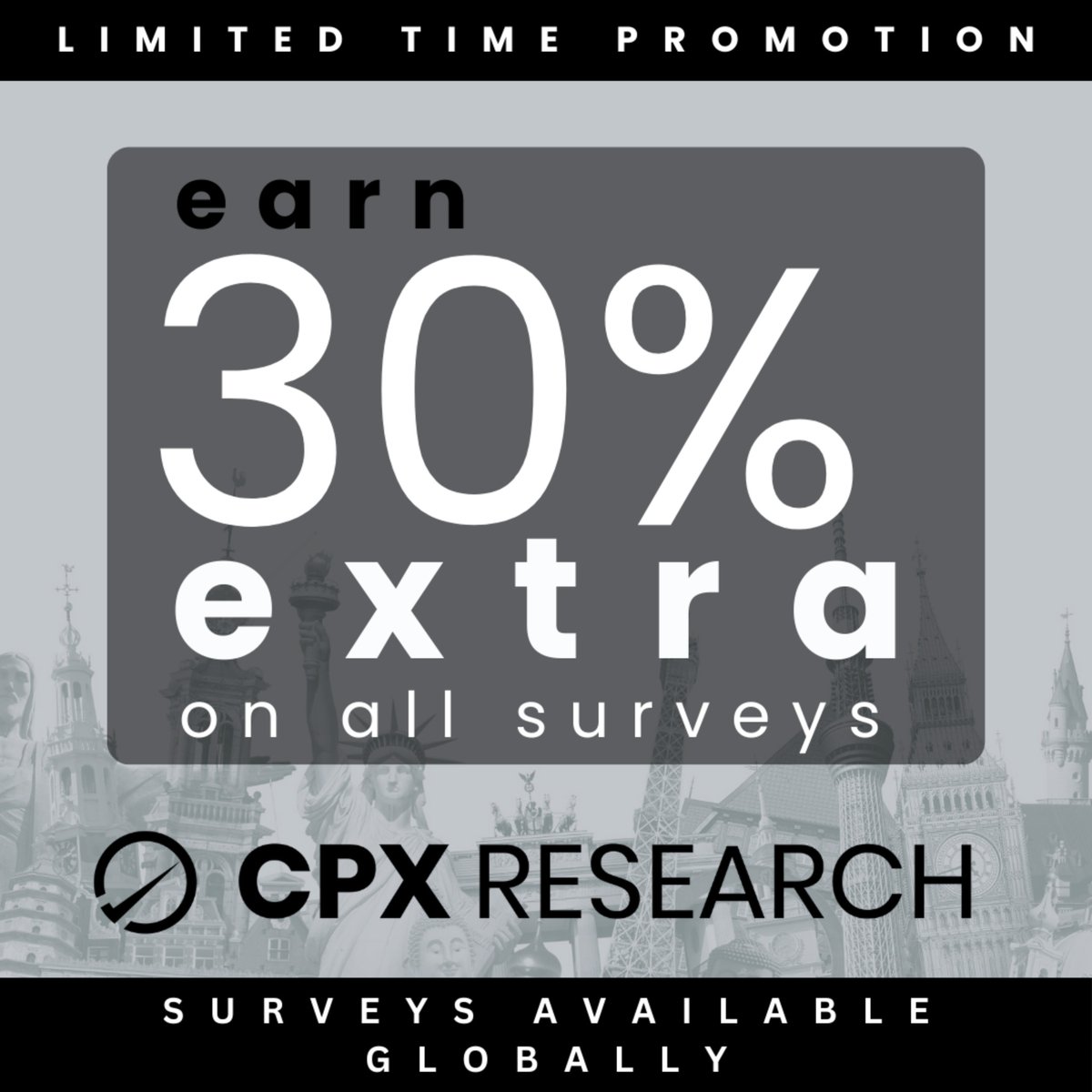 Act fast! We've partnered with CPX, our biggest survey provider, to bring you an exclusive promo: enjoy an additional 30% in earnings for a limited time only! Watch your earnings skyrocket! 💸