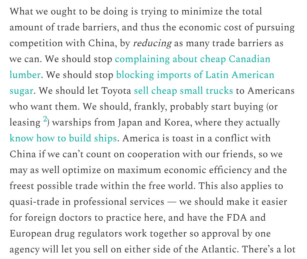 If you want to stop Chinese economic domination then, yes, don’t let them take over the entire auto industry. But stop blocking cheap Canadian lumber, Latin American agricultural products, and Japanese trucks — we can’t beat China alone! slowboring.com/p/the-economic…