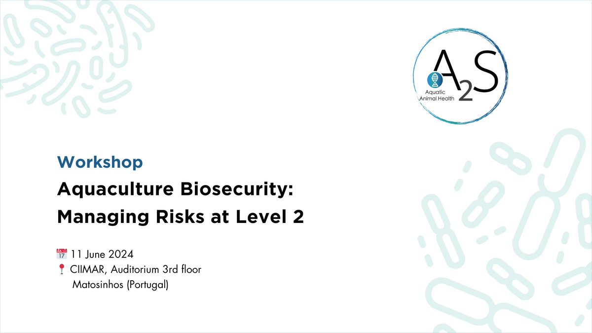 🦠We're excited to announce our workshop, exclusive for the @CiimarUp community on 'Aquaculture Biosecurity: Managing Risks at Level 2', 🌊tailored for aquaculture but relevant for all research lines.

🎟️Make sure to register by the 4th of June.

ℹ️ a2s.ciimar.up.pt/2024/05/21/aqu…