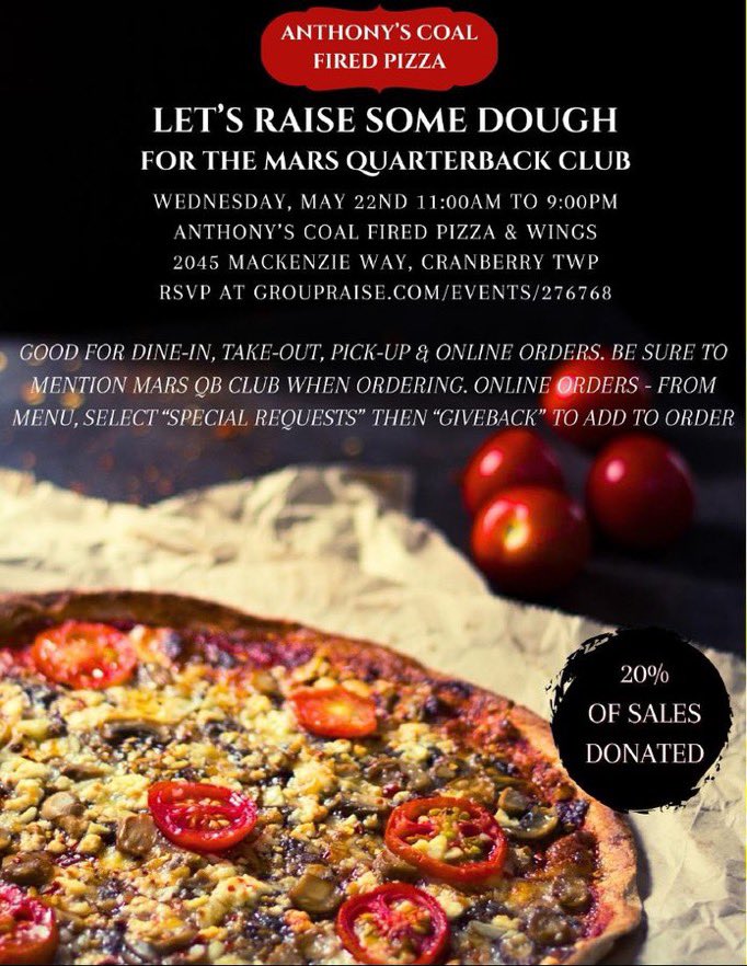 MarsHSFootball's tweet photo. 🚨🚨REMINDER: It's a Plan-et Pizza Night with @AnthonysCFPizza

Wednesday (tomorrow)/ 11a-9pm
2045 Mackenzie Way-Cranberry 

20% of all sales will be donated to our organization.

Let's work together and raise some dough!!

#WT2 👽🏈💪🍕🍕🍕🍕 https://t.co/XmduH5LSCA