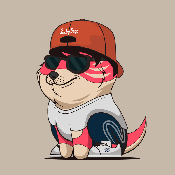 A baby doge NFT with punk fur and cool shades eyes wears fresh clothing and a red hat headwear. Its astro mouth adds to its unique look against a nude background.