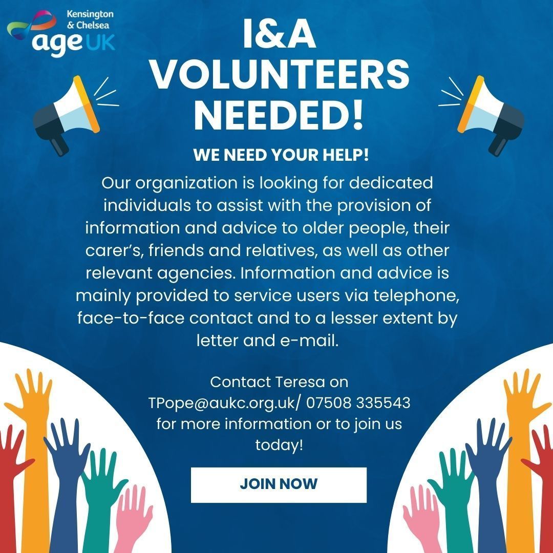 AgeUKKandC's tweet photo. #InformationandAdvice #volunteer needed! Are you retired &amp; are looking to make a difference in the community? Then why not become a volunteer! We will provide the training &amp; you just need a willingness to learn &amp; help older people!
Find out more at: https://t.co/mT4hdjG3LG
#RBKC https://t.co/gNn9S5g9ii