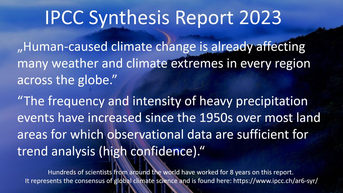 Anscheinend muss man doch immer mal wieder daran erinnern: die Zunahme von Extremniederschlägen ist in den Messdaten belegt, das ist Konsens (IPCC-Bericht), seit 30 Jahren so als Folge der Erderwärmung vorhergesagt, und die Physik dahinter ist seit dem 19. Jahrhundert bekannt.
