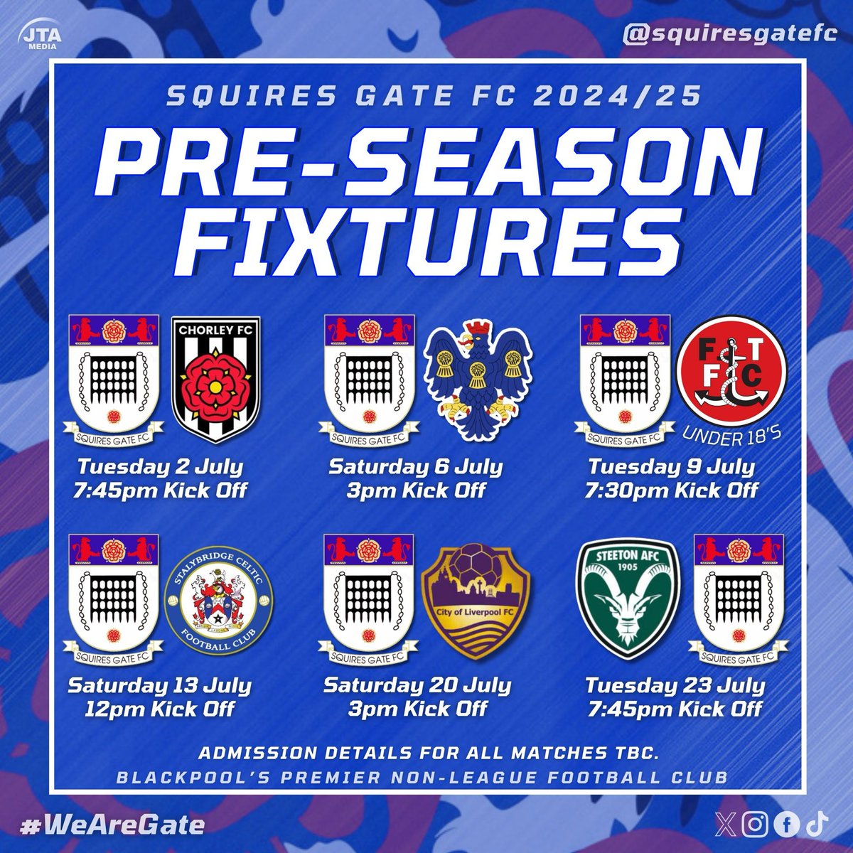 🗓️ 𝙋𝙍𝙀-𝙎𝙀𝘼𝙎𝙊𝙉 𝙁𝙄𝙓𝙏𝙐𝙍𝙀𝙎

🙌 We can now confirm our 2024/25 Pre-Season Fixtures, starting on the 2nd of July as we welcome @chorleyfc to The Brian Addison Stadium!👀 

ℹ️ More details on the fixtures to come in due course.

🔷 #WeAreGate | @JTA__Media