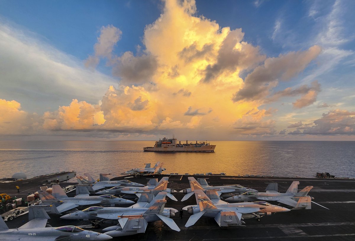 U.S. Sailors conduct a replenishment-at-sea aboard the Nimitz-class aircraft USS Theodore Roosevelt (CVN 71) with the Lewis and Clark-class dry cargo ship USNS Wally Schirra (T-AKE 8). #USNavy | #MSCDelivers