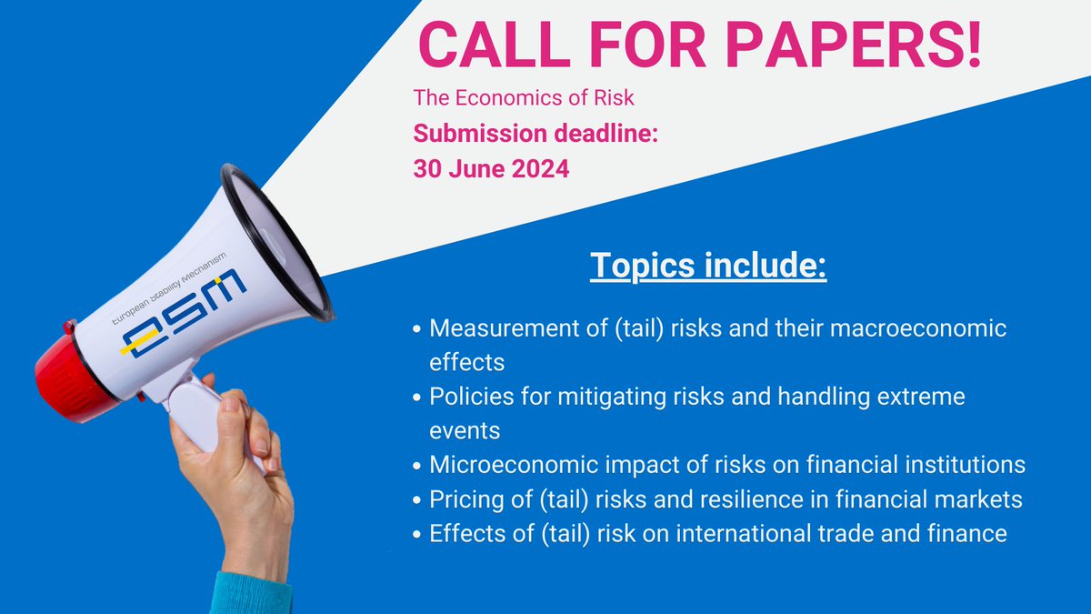 📢 Call for Papers

🔎 Researching the role of risk in economics and finance? The Economics of Risk conference is bringing together research investigating the economic implications of uncertainty and risks.

📆 Submit your paper by 30 June ow.ly/eBze50ROxuT

#ESMeuro