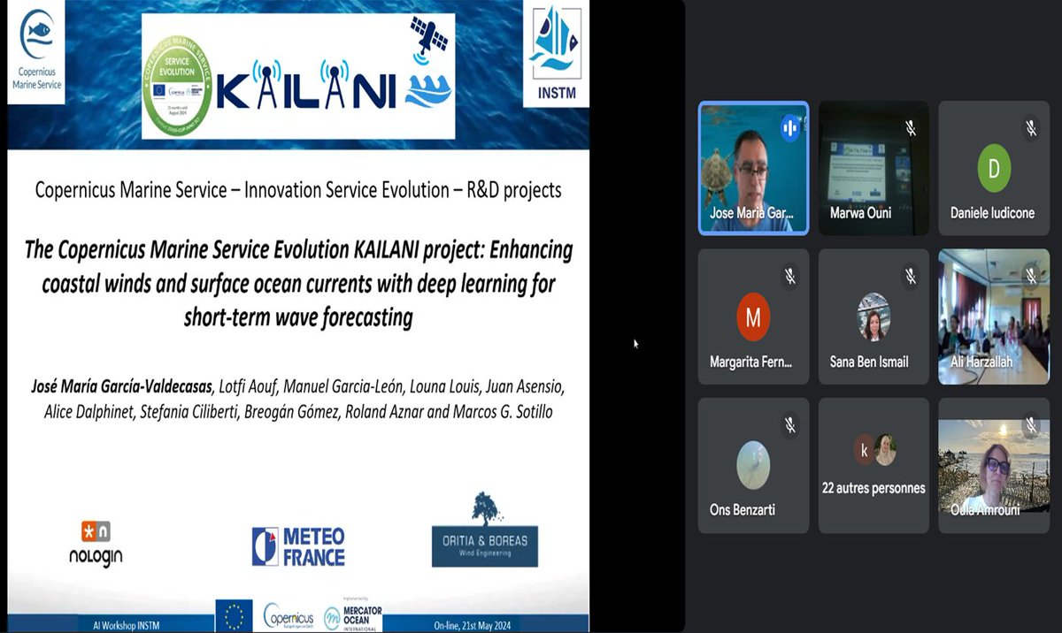 🛰️Interesting presentation given by José Maria Garcia-Valdecasas et al. about The Copernicus Marine Service Evolution & the  #KAILANI project 🌊 
🏝️Wave & Current predictions are key tools for coastal  monitoring under the Climate Change
@CMEMS_EU @INSTM_TN #centenary 🇹🇳🇪🇺