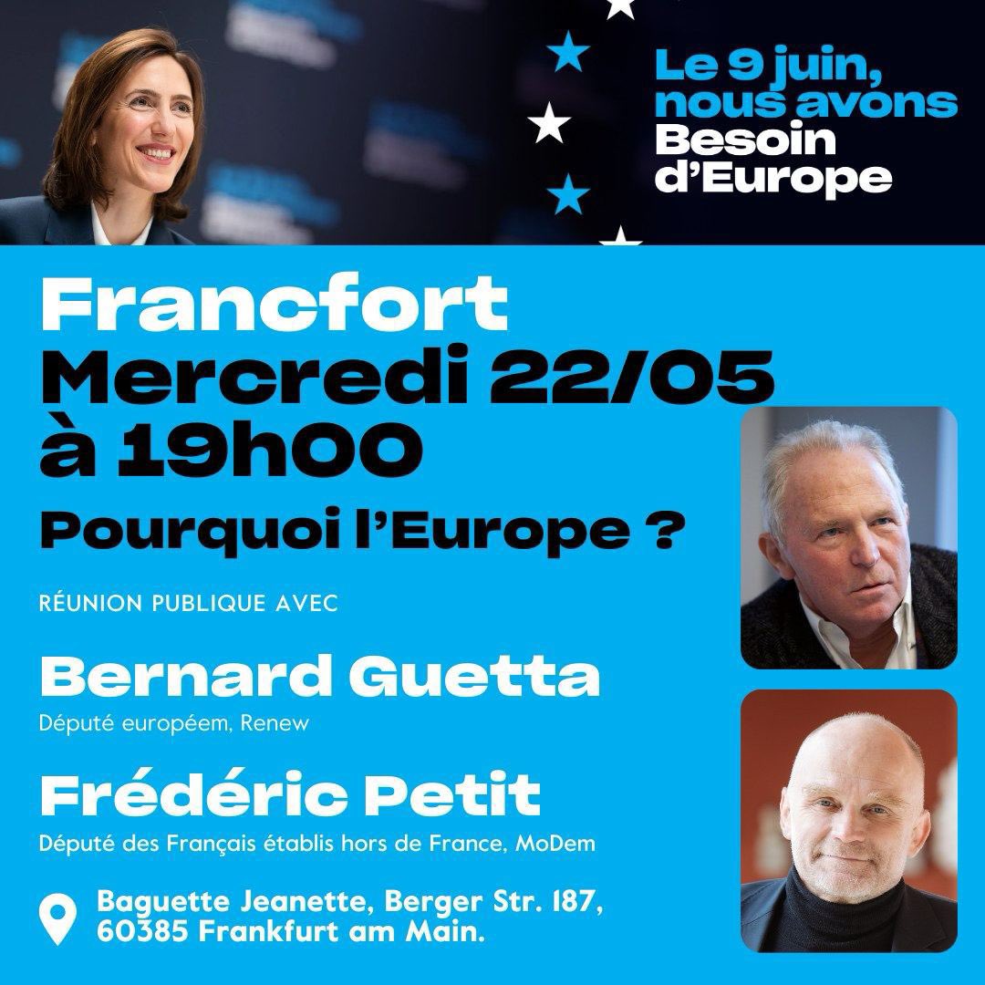 🇪🇺 Le 🇫🇷🇩🇪 est au cœur du projet 🇪🇺 et les Français d’Allemagne le portent avec ambition. Ravi de vous retrouver avec @guetta_en , eurodéputé Renew et candidat n°2 de la liste @BesoindEurope aux élections européennes, à Francfort 🇩🇪 pour une réunion de campagne le mercredi 22 mai