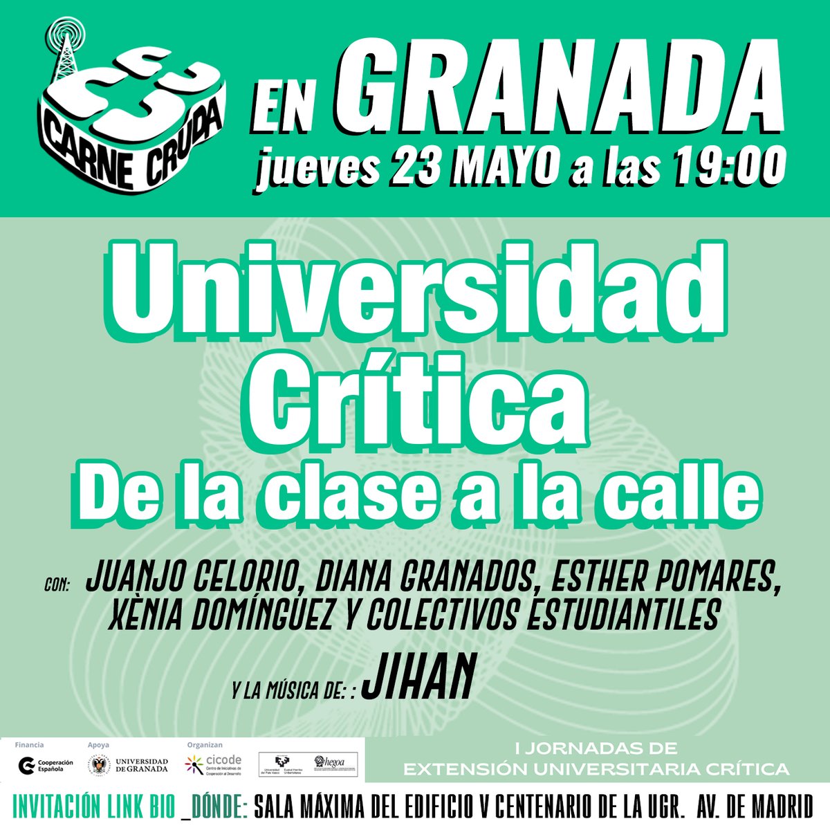 carnecrudaradio's tweet photo. ¡Familia! MAÑANA no hay programa porque estamos rumbo a Granada en nuestra primera parada en Andalucía 🎙️
Estaremos con jóvenes, docentes e investigadores para hablar de cómo la universidad sale a la calle con @Instituto_Hegoa y #CICODE
> El lunes aquí: https://t.co/2FqmyEkqgY https://t.co/QLwXXgiD50