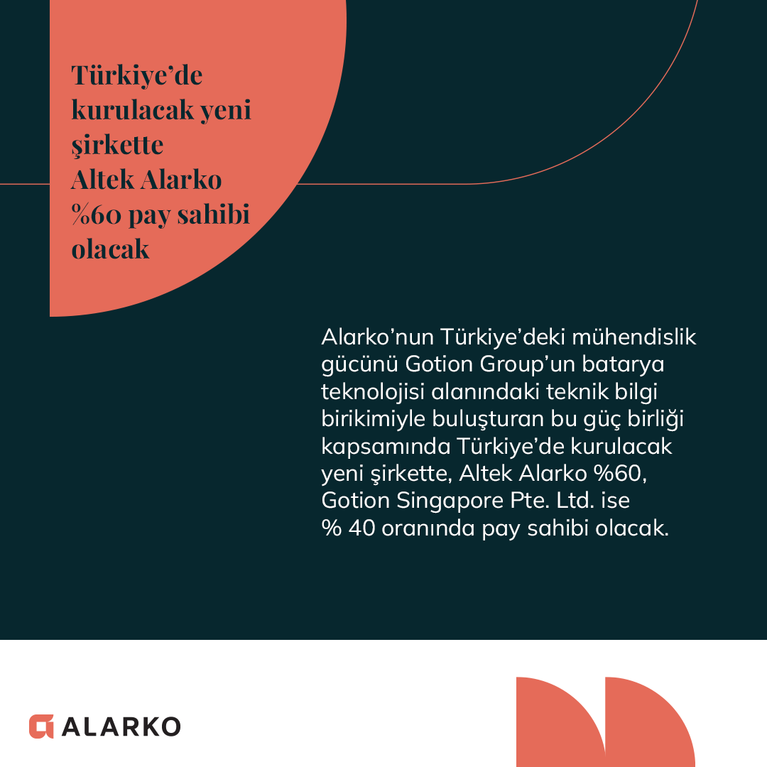 Holdingimizin bağlı ortaklıklarından Altek Alarko’nun, Gotion Group ile Türkiye'de enerji depolama sistemleri ve lityum-iyon batarya üretim hattı kurulmasına yönelik bir ortak girişim gerçekleştireceğimizi duyurmaktan dolayı mutluluk duyuyoruz.

#AlarkoHolding #Altek