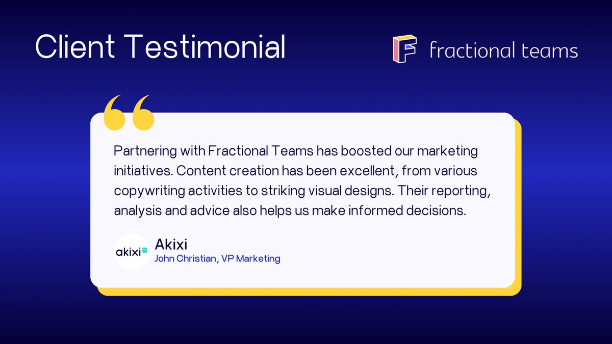 FractionalTeams's tweet photo. 💬 We're thrilled to share the latest Clutch review from Akixi, highlighting our marketing and content services. Take a look at the full review here: https://t.co/uB6JvQHfCB

#ClientTestimonial #CustomerFeedback #FractionalTeams #B2BMarketing #ContentServices https://t.co/Bi9B5uyx4U