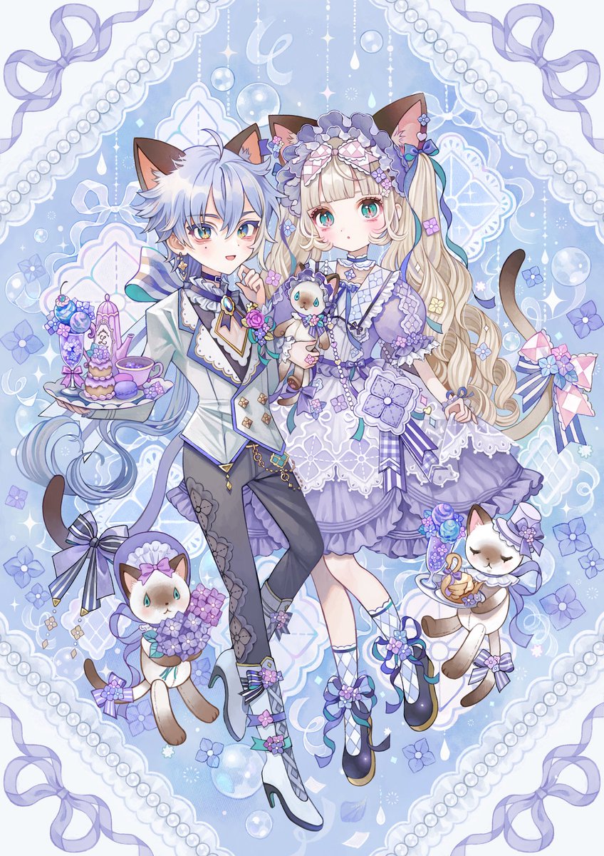 「Mirrativ(ミラティブ)イラストレーターコラボ「シャム猫洋裁店の紫陽花お茶」|城咲ロンドンのイラスト