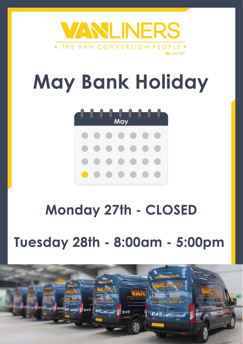 VANLINERS_LTD's tweet image. This is a friendly reminder that Vanliners Limited will be closed on Monday 27th May. 

For any urgent inquiries, please do not hesitate to contact our sales team at sales@vanliners.co.uk. 

#vanliners #monday #bankholiday