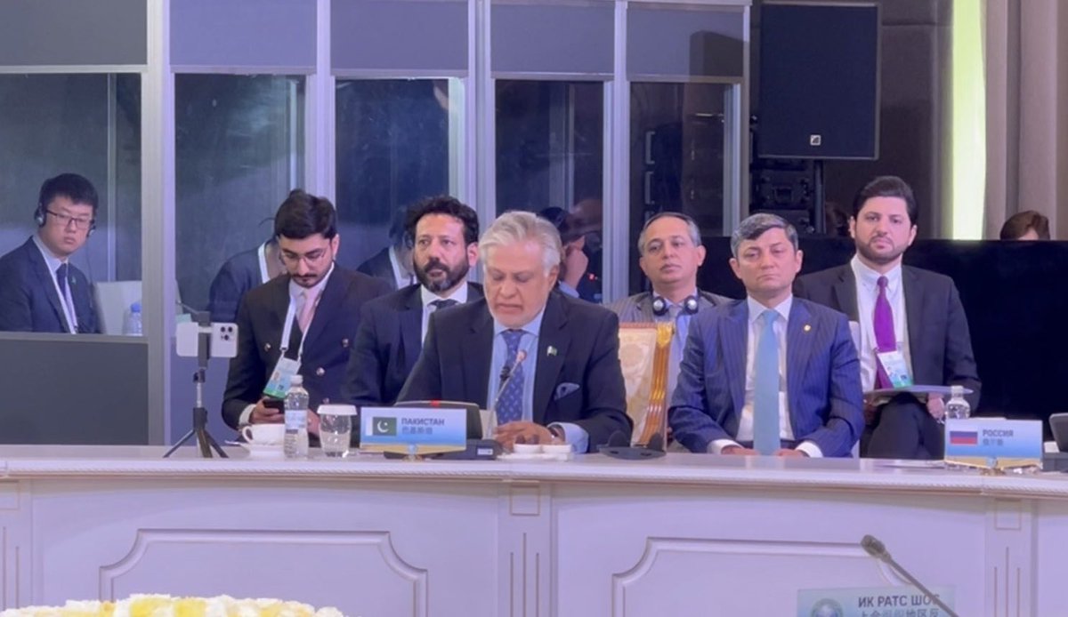 ForeignOfficePk's tweet photo. Deputy Prime Minister and Foreign Minister Senator Mohammad Ishaq Dar, @MIshaqDar50 today, addressed the SCO Council of Foreign Ministers (CFM) meeting being held in Astana, Kazakhstan from 20-21 May 2024. In his statement, the Deputy Prime Minister: 

🔴 Reiterated Pakistan’s firm adherence to the SCO Charter. 

🔴 Underlined Pakistan’s priorities as the current Chair of SCO Council of Heads of Government (CHG) which include promoting connectivity, transport links, youth empowerment, poverty alleviation, and enhanced practical cooperation among SCO member States.

🔴 Emphasized people’s right to self-determination and peaceful settlement of longstanding disputes in accordance with the relevant UN Security Council resolutions.

🔴 Advocated a multipolar world firmly grounded in multilateralism.

🔴 Stressed the need for combating terrorism through collective and cooperative approaches.

🔴 Strongly condemned the barbaric Israeli onslaught in Gaza and called for an unconditional and urgent ceasefire and unhindered provision of humanitarian assistance.

🔴 Underlined the significance of China-Pakistan Economic Corridor for regional connectivity and economic integration.