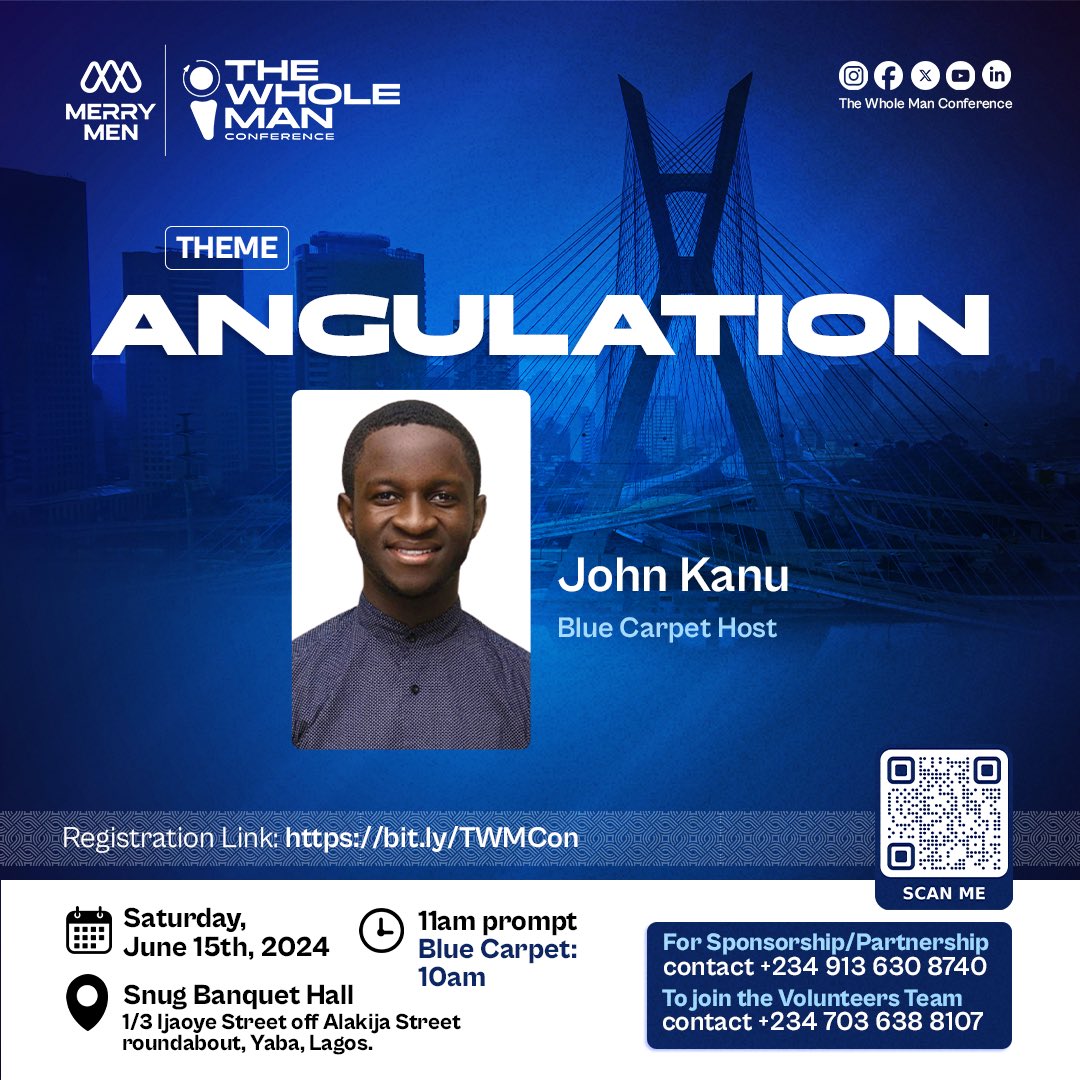 TWMConference's tweet photo. Meet our blue carpet host:  John Kanu - @thejohnkanu

Are you yet to register your seat for ‘The Whole Man Conference'?
June 15th, 2024

Save your seat now: https://t.co/xXUdiFAzNl

#twmconference #thewholeman #themerrymen #twmconference2024 #thewholemanconference #angulation https://t.co/F1K8YOTnHM