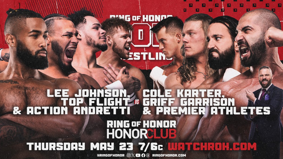 It's a HUGE 8-man tag team match!
<a href="/TopFlight612/">Top Flight</a>, <a href="/ActionAndretti/">Action Andretti</a> &amp; <a href="/BigShottyLee/">BigShottyLee</a>
vs.
<a href="/griffgarrison1/">Griff Garrison</a>, <a href="/realcolekarter/">Cole Karter</a> &amp; the Premier Athletes <a href="/AriyaDaivari/">Ariya Daivari</a> &amp; <a href="/TonyNese/">Tony Nese</a>!

📺 Watch ROH TV on #HonorClub at WatchROH.com 7/6c