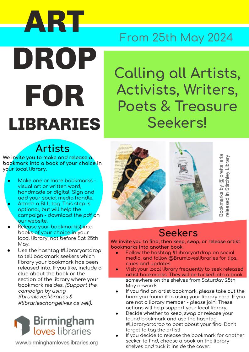BrumLibraries's tweet photo. Calling all artists, activists, writers, poets and treasure seekers! ART DROP FOR LIBRARIES starts this Saturday 25th May...

Have a look and see what we're up to: https://t.co/HcULZp6rOW
#Libraryartdrop
#brumloveslibraries

Details in poster &amp; 🧵 below (1/6) https://t.co/ORz0rVNVbB