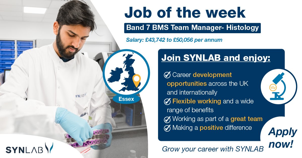 SYNLAB_UK's tweet photo. We have a great opportunity for an experienced Specialist BMS / Team Leader-Manager to join our remarkable and dynamic Histology team. This is a great step up for a Specialist BMS into management.

You can find out more and apply here 👉 https://t.co/eoNMLKPnfU https://t.co/yUU7HApYaM