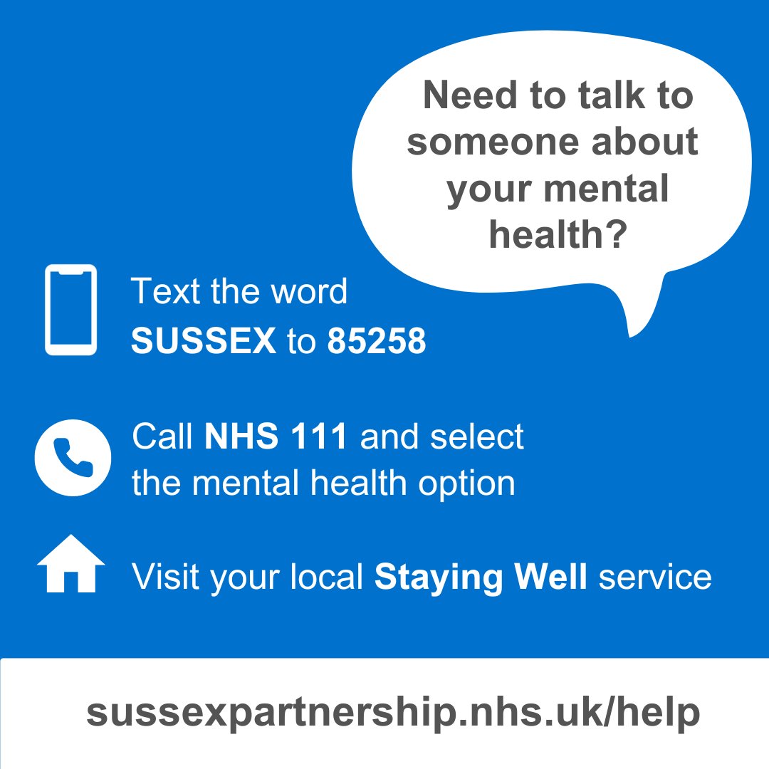 HWLH_SOAMHS's tweet photo. Need to talk to someone about your mental health?

🤳Text SUSSEX to 85258

📞Call NHS 111 and select the mental health option

🚶Visit your local Staying Well service:
https://t.co/bbCgxm1Wp0

Visit: https://t.co/z1xZ4szxKW

#TalkToSomeone #MentalHealthSupport https://t.co/S3heYvYkjL