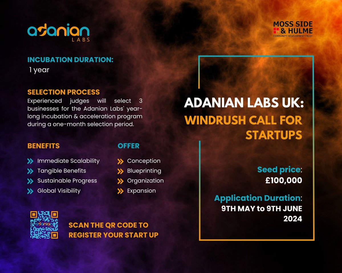 📣Adanian Labs UK 🇬🇧“WINDRUSH STARTUPS PROJECT “, Calling on all Greater Manchester and Northwest England minority and diverse communities businesses and startups. #ApplyNow lnkd.in/e3ThBwVv. ✅Application opens May 9th & closes June 9th. 1/2
