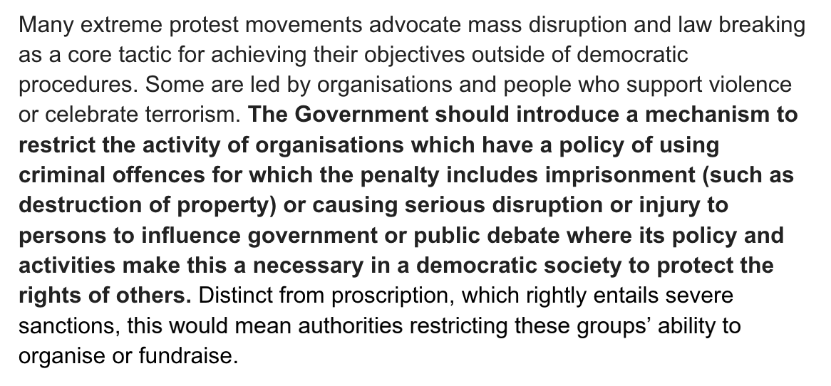 BREAKING: Sunak's 'anti extremism' adviser Lord Walney has just published his report on 'Protecting Democracy from Coercion' It calls for a ban on protest groups organising or raising money if they cause 'serious disruption... [in order] to influence government or public debate'