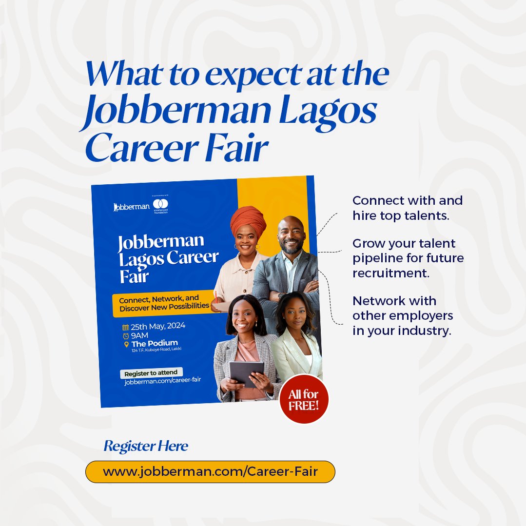 Don't miss out on the Jobberman Lagos Career Fair—your golden ticket to these amazing perks. And the best part? It's FREE! Register now at jobberman.com/career-fair.

#JobbermanNigeria #JobbermanLagosCareerFair #CareerFair #EmployerBenefits 

2/2