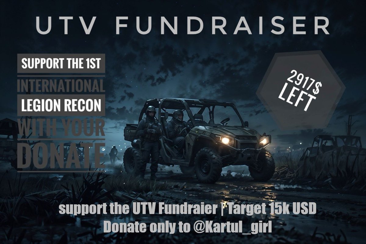 📢 UTV Fundraiser 📢 It's just under 3k USD until the 🛺 UTV for the boys of the 🇺🇦 1st International Legion Recon! Help the boys too, every little donation counts! 🇺🇦🫶