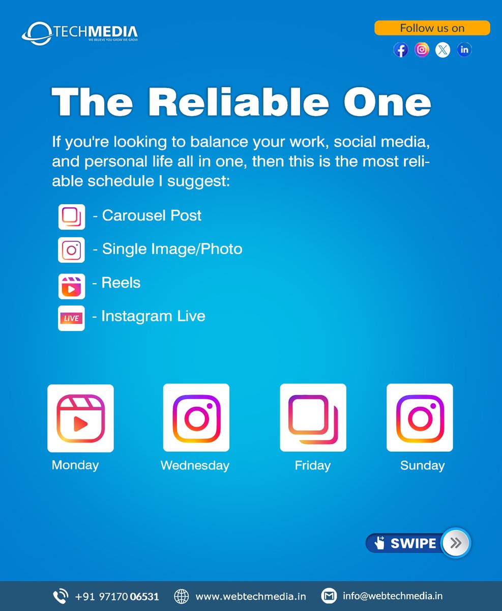 TechmediaWeb's tweet photo. Boost Your Insta Game: Perfect Posts for Every Day This Week. Check Out Our Hot Schedule. 

📞 Call/WhatsApp: +91 98998 93026
WhatsApp- https://t.co/N5ble7T5il
Reach us https://t.co/pAm7nfANBG

#SocialMediaStrategy #websitedesign #DigitalRevolution #branding #GrowthAgency https://t.co/Zw7wGQvAqu