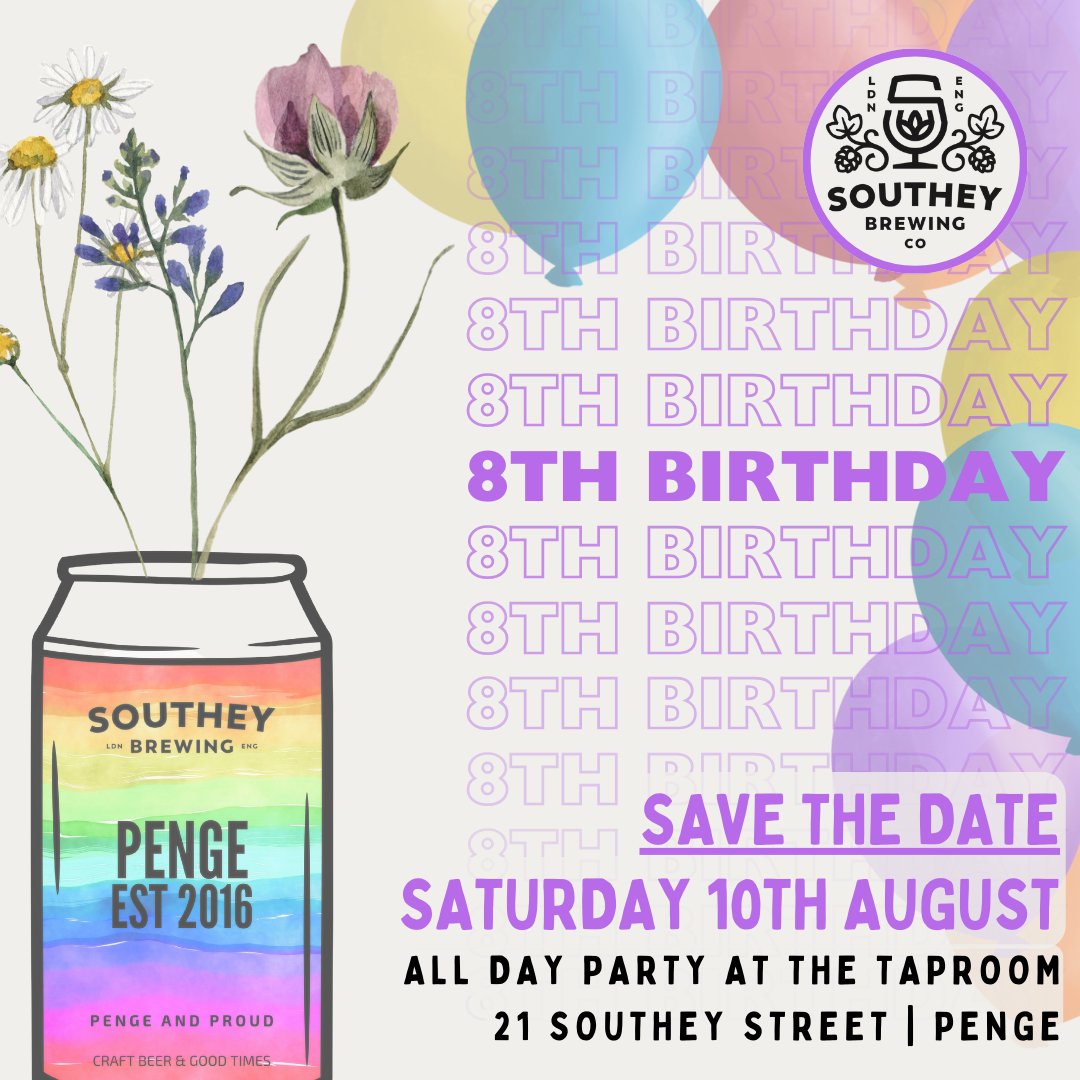 🥳 SAVE THE DATE!
Southey’s now legendary all day birthday party!
While we're still finalizing the plans, you can expect delicious food, live music, dancing, general revelry and plenty of beer!

Saturday 10th August at our Penge taproom.
#penge #SE20 #craftbeer #southlondon