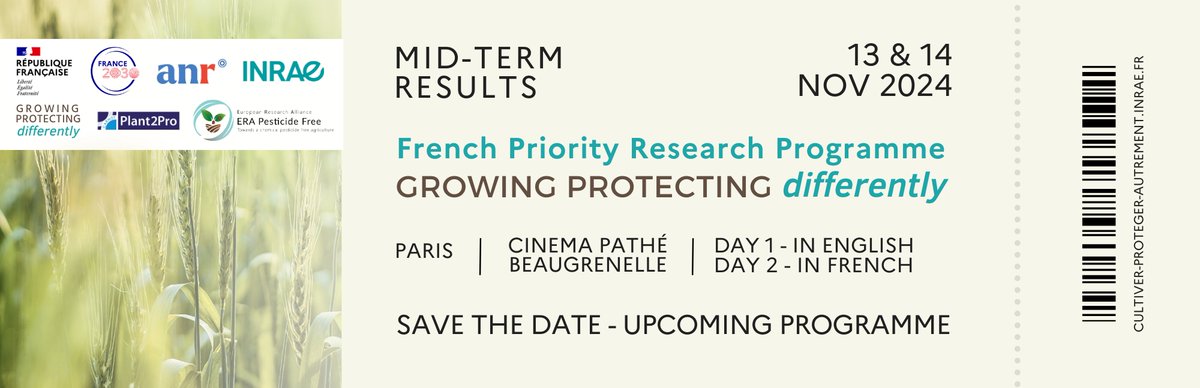 [SAVE THE DATE] 📆 Mid-term presentation of the PPR "Growing and Protecting crops Differently". ⤵ We invite you on November 13 and 14, 2024, at the Pathé Beaugrenelle cinema 🎞📽 in Paris to discover the mid-term results of the programme and of its 10 research projects.