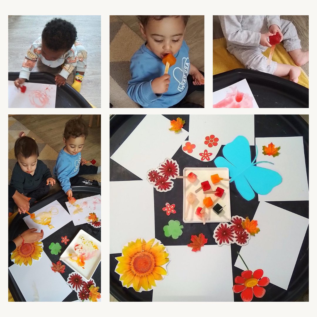 Babies loved painting with different coloured and flavoured ice cubes! 🧊 We added frozen fruit, lemon and strawberry essence to some of the ice cubes to introduce the colours red, yellow and green. #londonnursery #londonmums #londondads #londonparents #parenting
