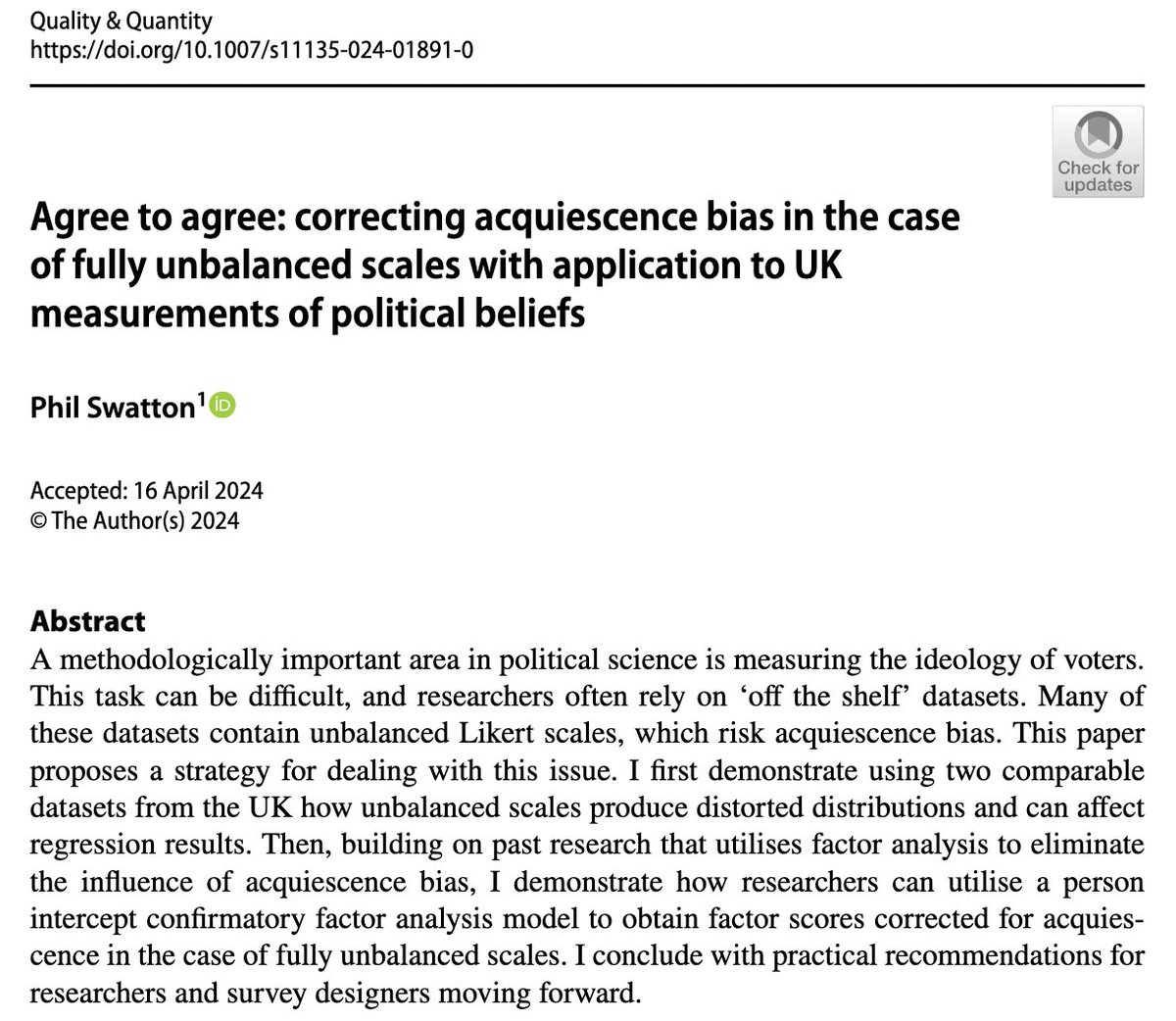 Very pleased that my paper on correcting acquiescence bias in fully unbalanced likert scales has been published open access in Quality &amp; Quantity today: link.springer.com/article/10.100…

A (not too detailed) thread on the paper below 1/18