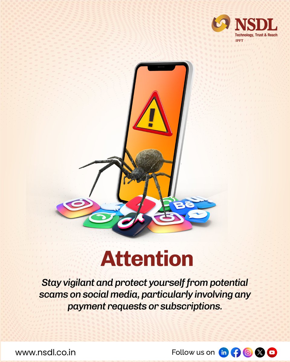 Stay vigilant against fraudulent schemes on social media that solicit payments or subscriptions. Protect your personal and financial security by staying alert and safeguarding your information. #NSDL #SurakshitSamajhdarAtmanirbharNiveshak #SEBI #capitalmarket #investment #invest