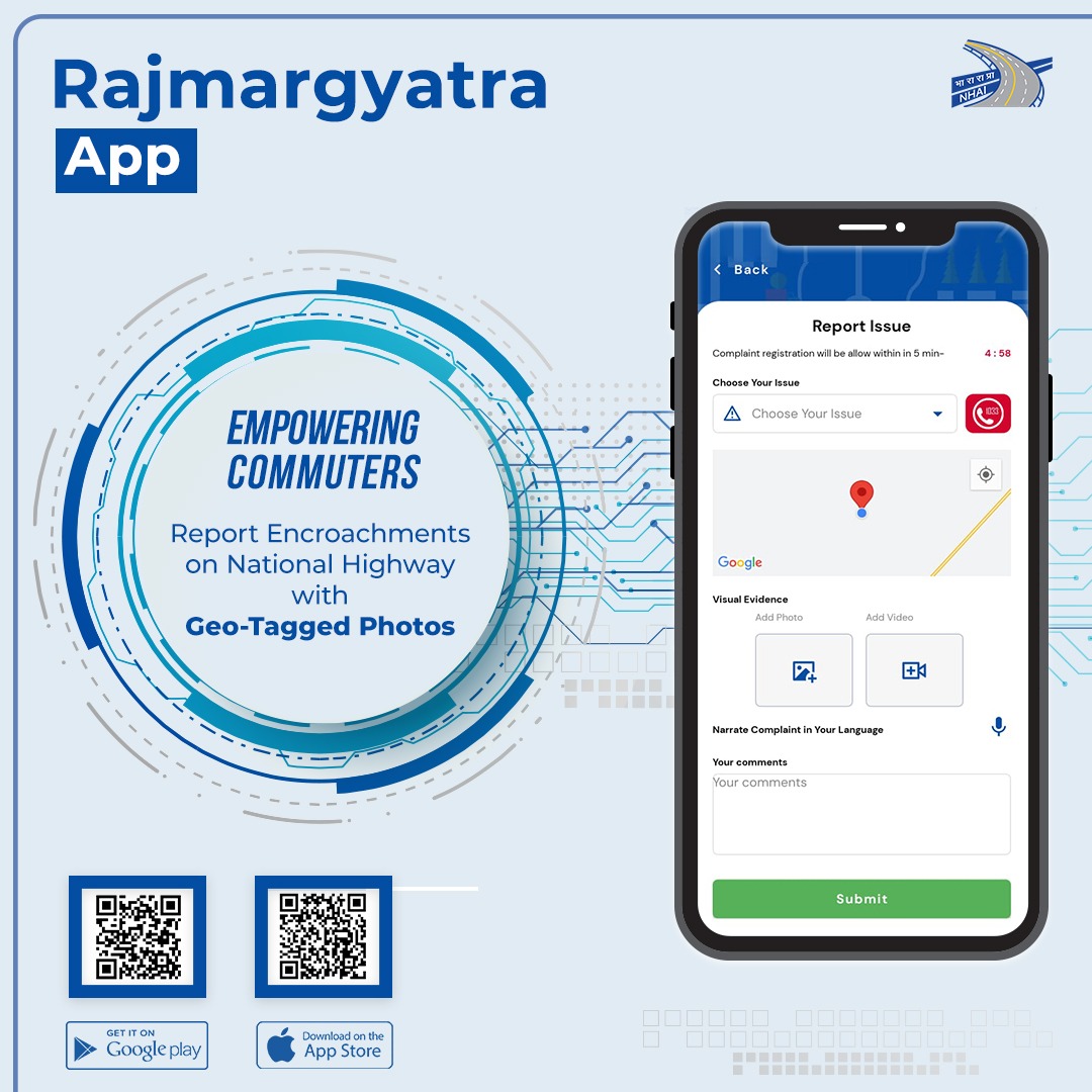 #RajmargyatraApp users can report encroachment on the National Highways with Geo-tagged photos and register grievances. Download the #Rajmargyatra app for a seamless experience on #NHAI-tolled stretches. Android: play.google.com/store/apps/det… iOS: apps.apple.com/in/app/rajmarg…