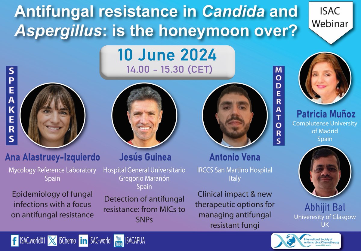 📢ISAC webinar announcement ISAC is delighted to invite you to its next free webinar: Antifungal resistance in Candida and Aspergillus: is the honeymoon over? 📆10 June 2024 ⏰14.00 (CET) tinyurl.com/58u67tsj #fungalinfections #mycology