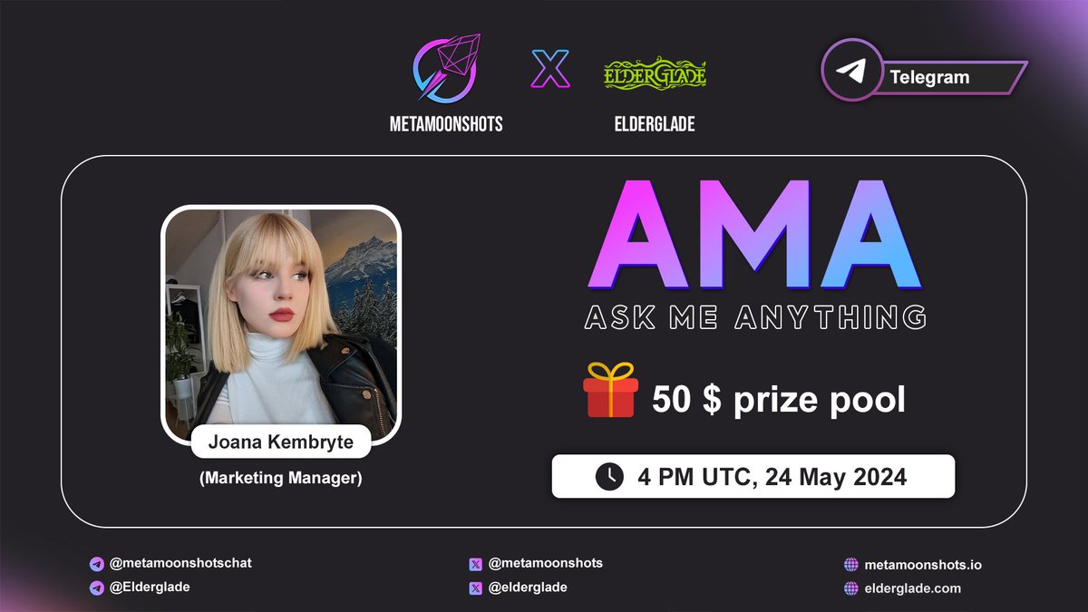𝗠𝗲𝘁𝗮𝗺𝗼𝗼𝗻𝘀𝗵𝗼𝘁𝘀 𝗫 𝗘𝗹𝗱𝗲𝗿𝗴𝗹𝗮𝗱𝗲 𝗚𝗶𝘃𝗲𝗮𝘄𝗮𝘆 💡Venue - Telegram 🏆Prize Pool - 50$ ✔️Follow @metamoonshots & @elderglade ✔️Like and RT. Tag 3 friends ✔️Winners are Picked during the AMA. #Airdrop #Giveaway #Giveaways #Elderglade #AMA