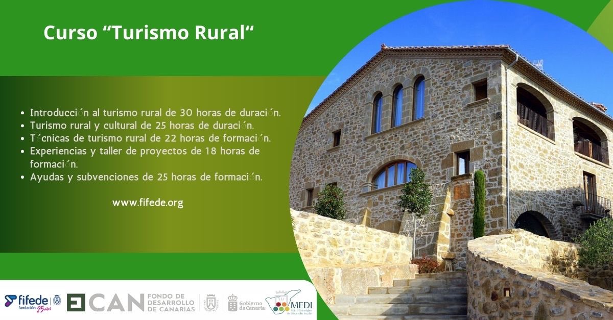 FIFEDE pondrá en marcha el itinerario formativo de TURÍSMO RURAL de 120 horas de duración. La formación en Turismo Rural tiene por objeto preparar a 40 personas desempleadas interesadas en trabajar en este sector. Más información ➡️ fifede.org/curso/formacio…