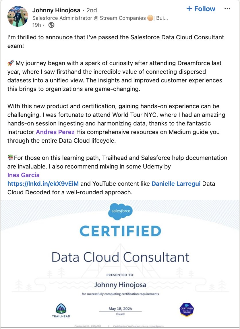 RESULTS!
Join in to congratulate Johnny 👏

For more #Salesforce #DataCloud certified consultants

If you are hesitating, do no longer! Here is a celebratory discount udemy.com/course/salesfo…

#trailblazers get on the bandwagon of the latest @salesforce technology

Whos up next?