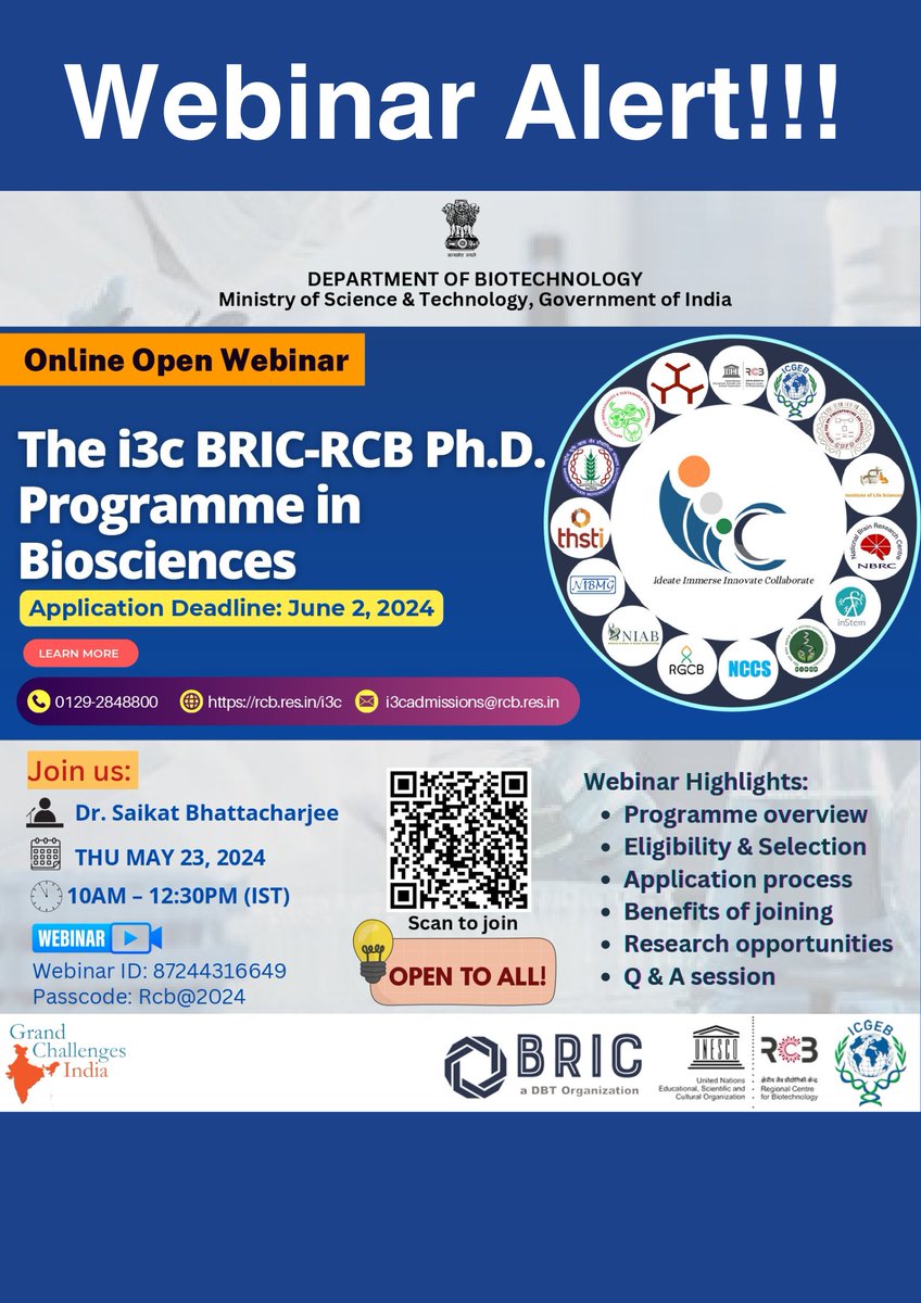 📢Attention prospective PhD aspirants! Join the online webinar on i3C BRIC-RCB PhD program in Biosciences on June 2, 2024 & know the details about the new #PhDprogram #Fellowships @DrJitendraSingh @rajesh_gokhale @unescorcb @THSTIFaridabad @FollowDbtNibmg @NABI_India @DBT_IBSD