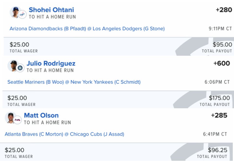 EdgePlayBook's tweet photo. #BetInPublic #SteadyEdge #DingerEdge Each of the next 3 #DingerTuesday plays on #FanDuel has 5-10% EV on its own, or almost 40% EV after the promo
1β£ #ShoeheiOhtani +280
2β£ #JulioRodriguez +600
3β£ #MattOlson +285
#GamblingX #EVBetting #MLB https://t.co/vql0saKrI6