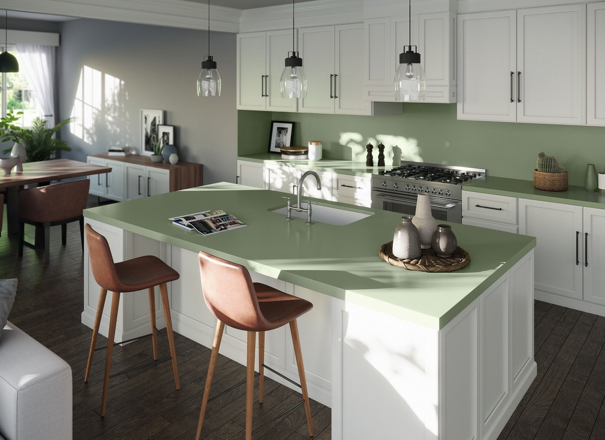 MayflowerStone's tweet photo. Go green 💚 

Break away from the conventional and make a statement with a coloured worktop. 

This soft green pairs perfectly against the white cabinets, with dark flooring adding some depth to the room.

📸 Cosentino, Silestone Kitchen - Posidonia Green https://t.co/aqAyxTSvc4