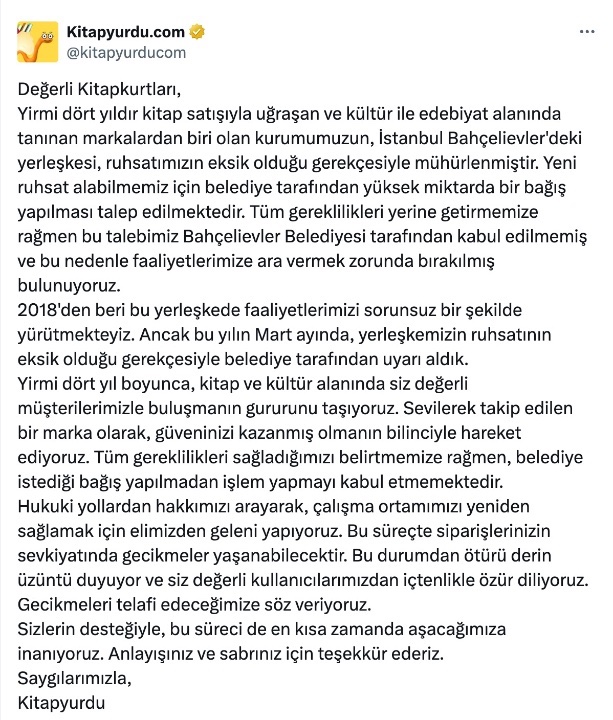 nedenttoldu's tweet photo. Kitapyurdu: "Kurumumuzun İstanbul Bahçelievler'deki yerleşkesi, ruhsatımızın eksik olduğu gerekçesiyle mühürlenmiştir. Yeni ruhsat alabilmemiz için belediye tarafından yüksek miktarda bir bağış yapılması talep edilmektedir" https://t.co/H3YzWltYyL