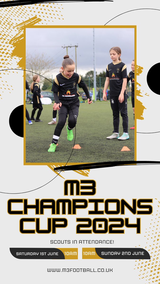 M3 Football (@m3footballc) on Twitter photo ๐ M3 CHAMPIONS CUP 2024 ๐
ASTON VILLAโS TRAINING GROUND
- GIRLS ONLY TOURNAMENT
7v7 ROUND ROBIN TOURNAMENT
FA SANCTIONED
SCOUTS IN ATTENDANCE๐ฅ
To book on please contact our head of team ops Lou on:
Teamops@m3football.co.uk
+44 7557 799358 ๐ M3 CHAMPIONS CUP 2024 ๐
ASTON VILLAโS TRAINING GROUND
- GIRLS ONLY TOURNAMENT
7v7 ROUND ROBIN TOURNAMENT
FA SANCTIONED
SCOUTS IN ATTENDANCE๐ฅ
To book on please contact our head of team ops Lou on:
Teamops@m3football.co.uk
+44 7557 799358