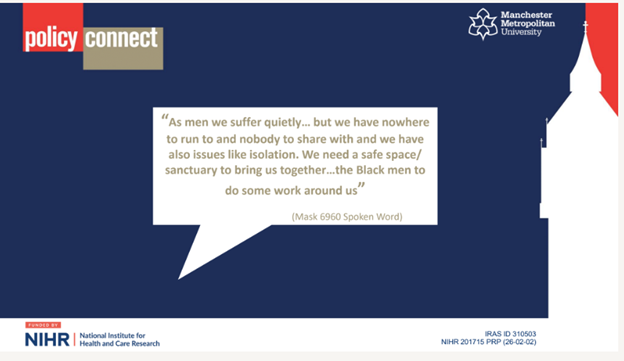 Mental_Elf's tweet photo. @MaryBirken @FinchStudy @NIHRresearch @AlinaHaines @ManMetUni @MMUimproveACT @carolineleah1 Black Men have been saying this for decades, they want liberating spaces where they can get psychological support and this is rarely offered to them. It's time to act! #ImproveAct https://t.co/v7QIPvrQxu