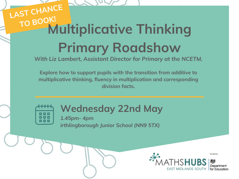 East Midlands South (@emsmathshub) on Twitter photo 1 day to go until our Multiplicative Thinking Primary Roadshow with <a href="/ELambertNCETM/">Elizabeth Lambert</a>, there is still time to book to attend our afternoon session at Irthlingborough Junior School.
Find out more- bit.ly/44kEKuE
<a href="/Northants_TSHub/">Northamptonshire Teaching School Hub</a> 1 day to go until our Multiplicative Thinking Primary Roadshow with <a href="/ELambertNCETM/">Elizabeth Lambert</a>, there is still time to book to attend our afternoon session at Irthlingborough Junior School.
Find out more- bit.ly/44kEKuE
<a href="/Northants_TSHub/">Northamptonshire Teaching School Hub</a>