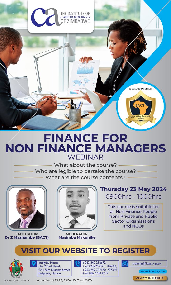ICAZ_ZW's tweet photo. Want to take control of your finances?
Register for our FREE webinar to learn about finance and money management. Our experts will explain complex concepts in a clear and easy-to-understand way, so you can start building a stronger financial future today! https://t.co/5AZPLYR0rE