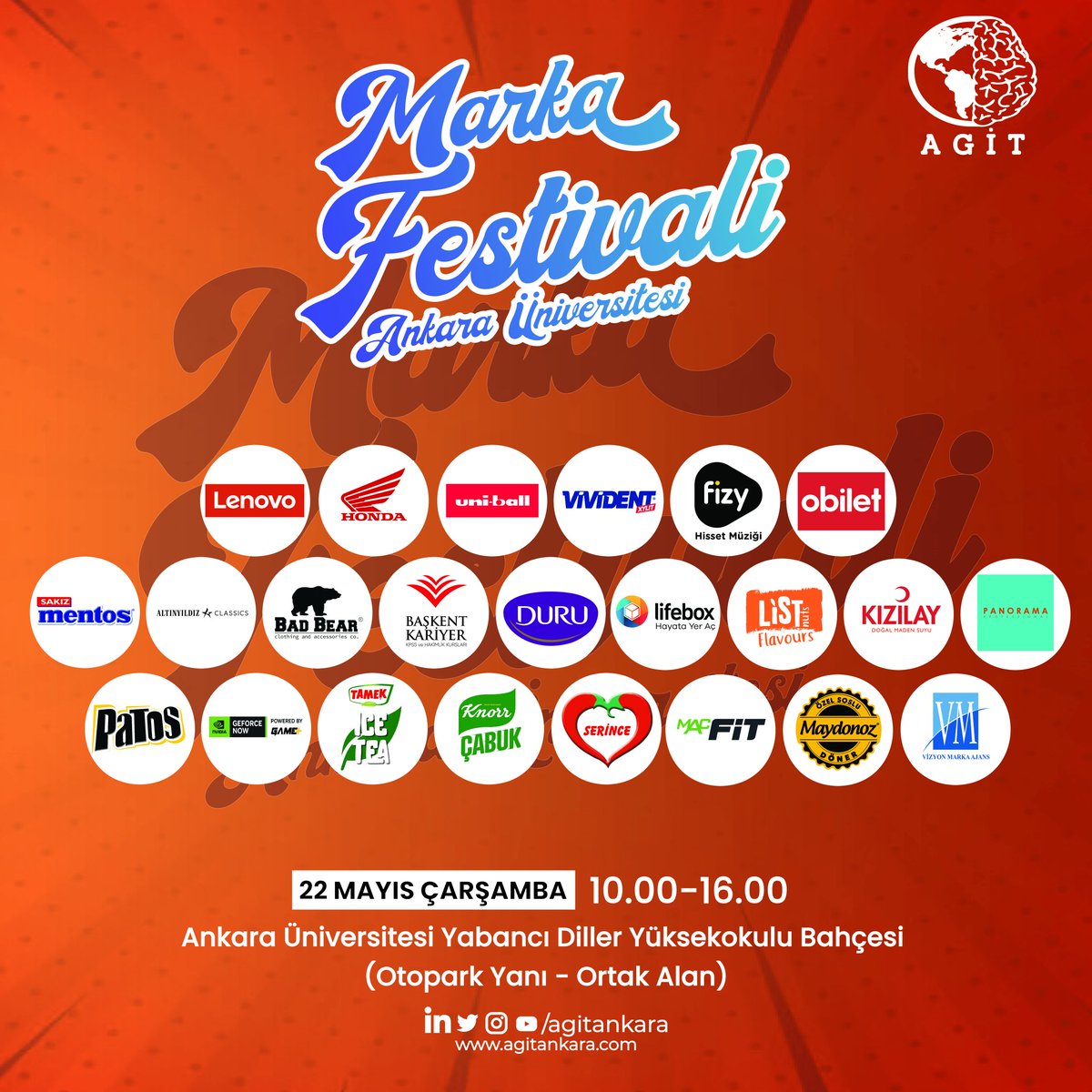 Girişimcilik ve İnovasyon Topluluğu olarak Ankara Üniversitesi Marka Festivali'ni 6. kez gerçekleştireceğimizi duyurmaktan mutluluk duyuyoruz!

Sen de Ankara Üniversitesi Marka Festivali’ne katıl, hediyelerini kap!

#ankaraüniversitesi #girişimcilik #markafestivali #yarışma