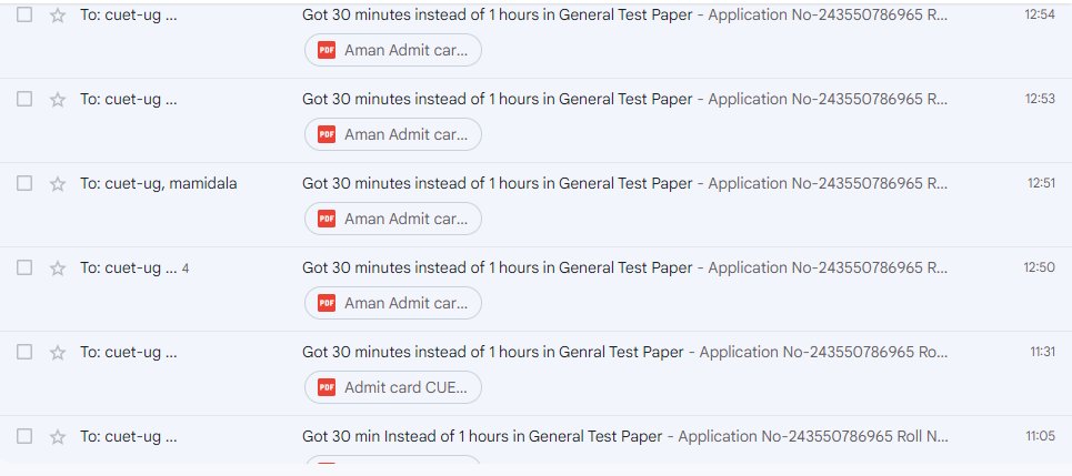 aman87__'s tweet photo. For the past several days I have been emailing
@NTA_Exams regarding my problem but I have not received any response, Got 30 minutes instead of 1 hour in GT It is a humble request to you to re-do my general test Exam
@NTA_Exams @mamidala90  @PMOIndia @Surajmalviyaacd @manashTOI https://t.co/7vSYSRSTIb