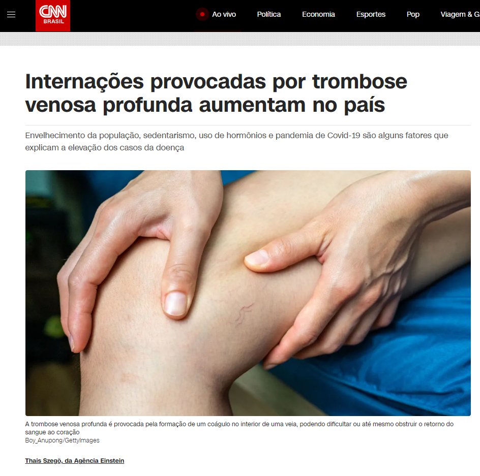 Uma matéria da CNN baseada num estudo da Sociedade Brasileira de Angiologia e Cirurgia Vascular mostrou um aumento atípico de internações por trombose em 2023. 

E então, será que agora os desejos dos antivaxxers se cumpriram?

Vem comigo no 🧶