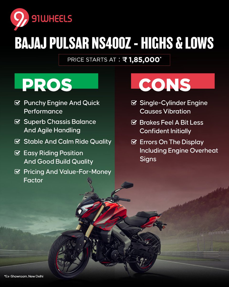 Stand out from the crowd with the all new Bajaj Pulsar NS400z. This bold and unique motorcycle has a classy design. If you are thinking to own a new bike then take a look at its pros and cons before making a purchase.
.
.
.
#bajajpulsarns400z #webikes #motorcycles #prosandcons